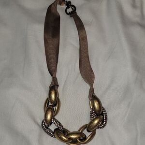 LOFT Gold-Tone Link Necklace with Brown Ribbon
